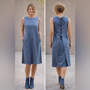 Elegant steel Blue Lace-Up back midi Dress Theory Sz 6 NWT sleeveless summer